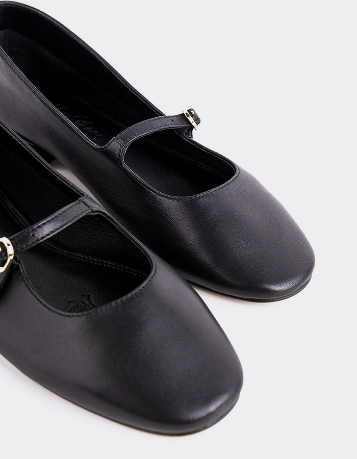 Erynnis Black Leather Wide Fit Leather Mary Jane Shoes