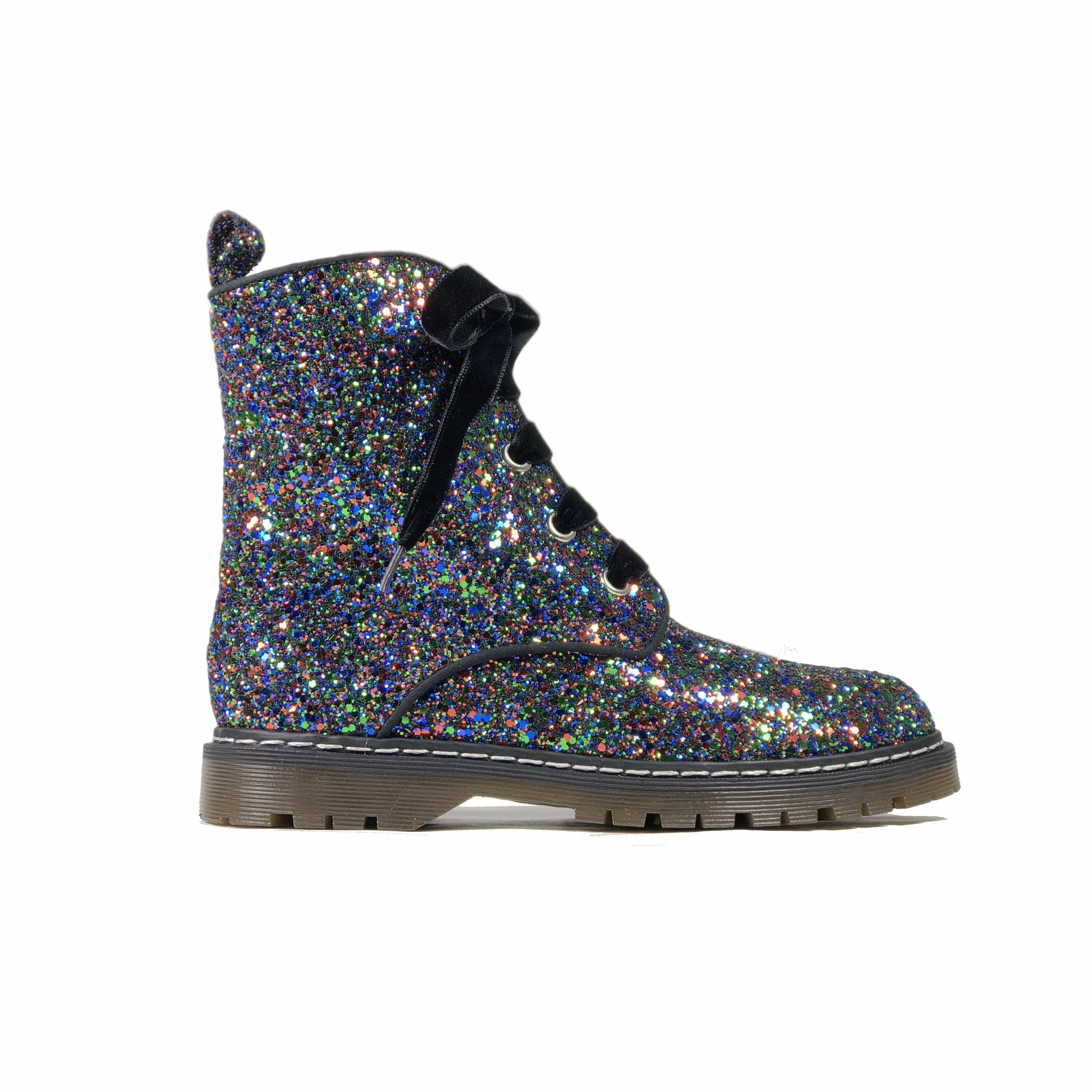 'Billie' Black/Multicolour Glitter vegan combat boots by Zette Shoes Hipster Combat Boots