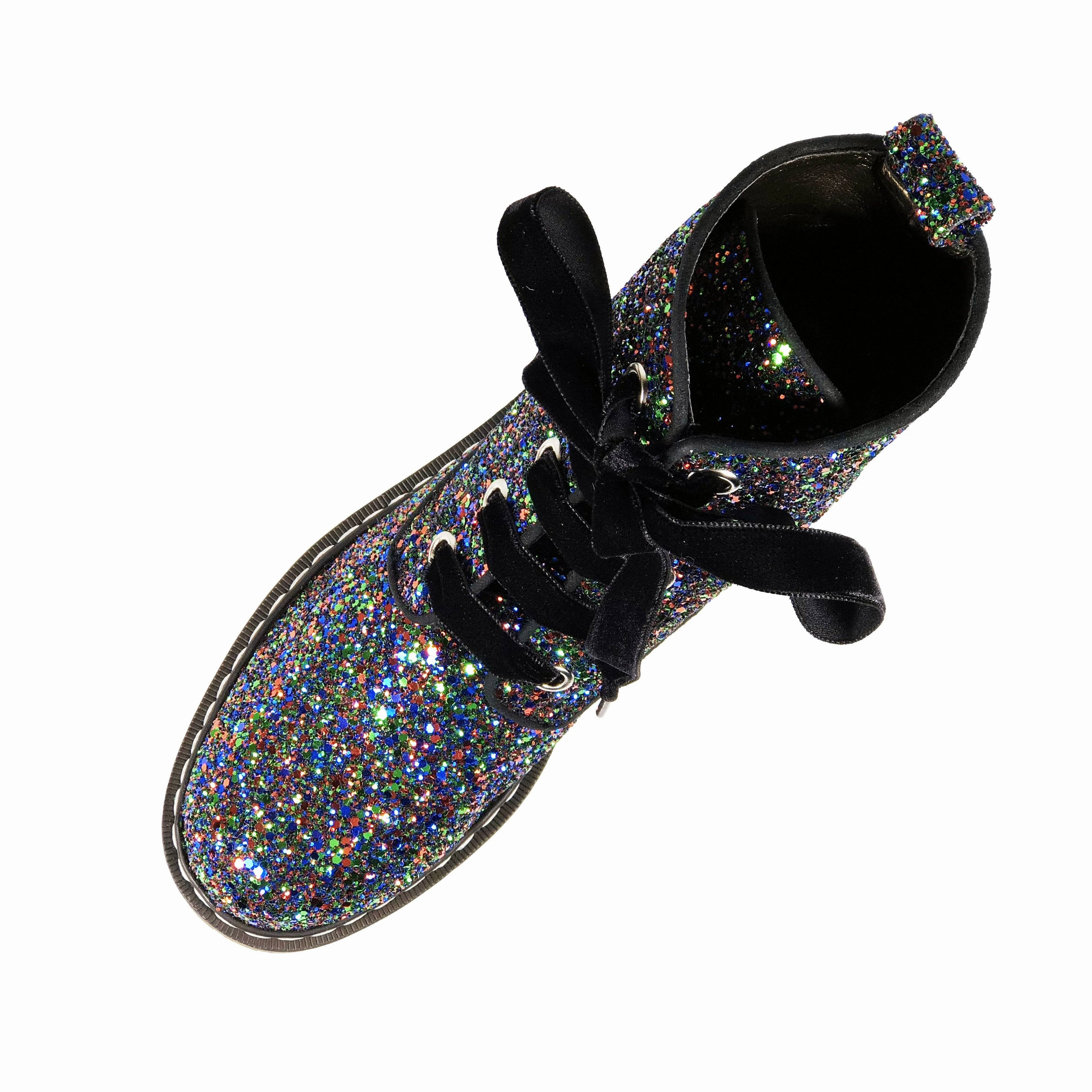 'Billie' Black/Multicolour Glitter vegan combat boots by Zette Shoes Combat Boots With Sock Top