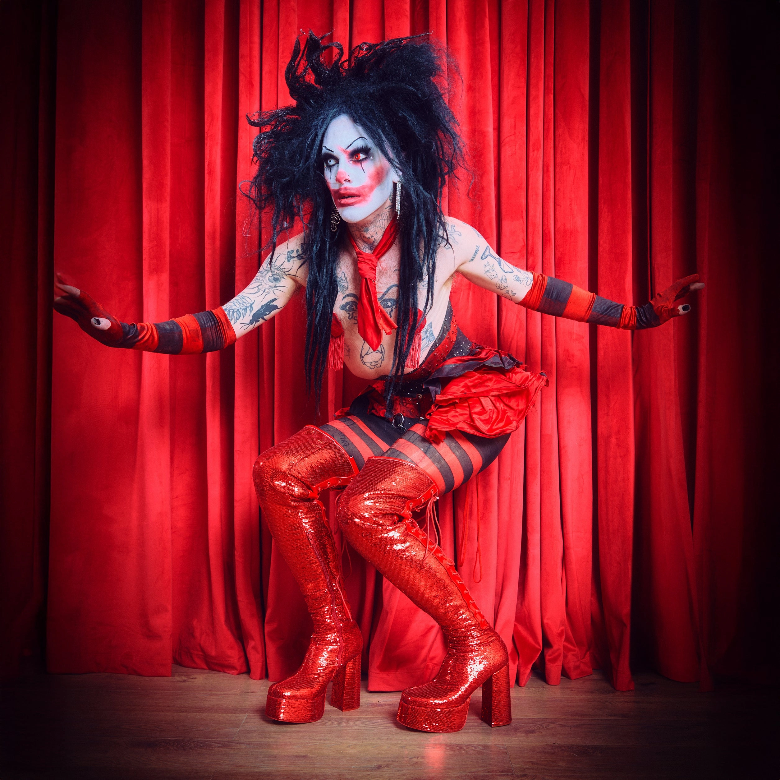 Creature of the Night Sequin Long Boots - Red Brown Furry Boots