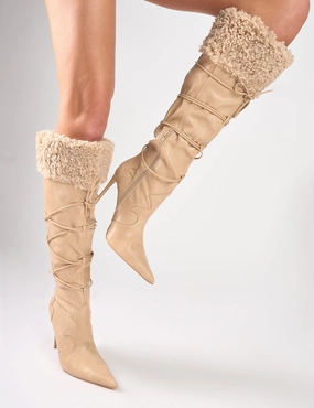 Crusader Cream Fur Trim Western Inspired Pointed Toe Boots Knee High Work Boots