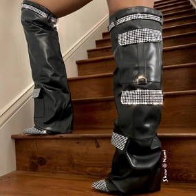 BUNNO Black Knee High Padlock Boots