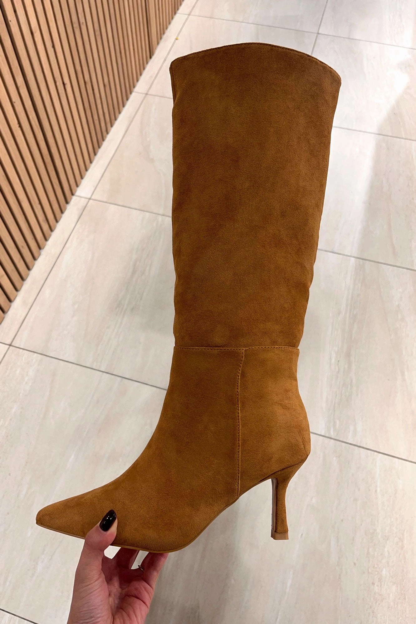 Cheap Leather Knee High Boots Faye Camel Suedette Knee High Boots