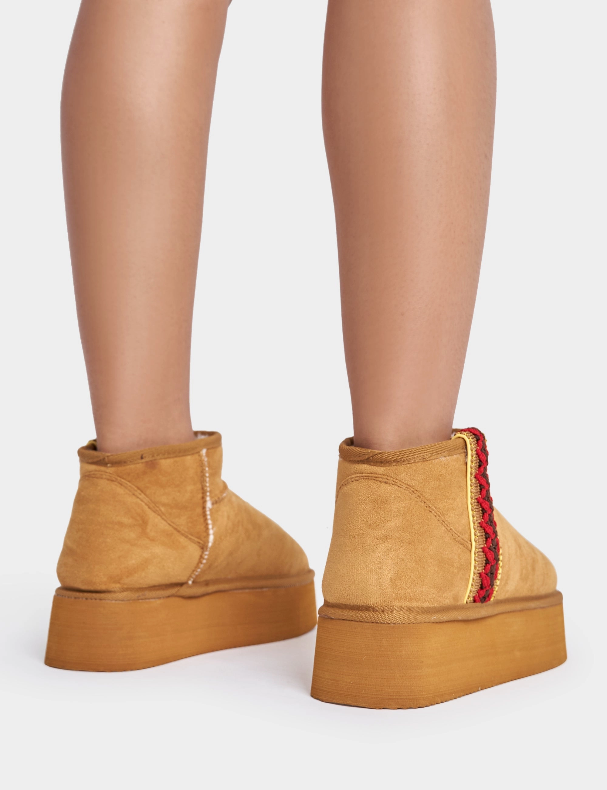 Snowfall Light Chestnut Faux Suede Aztec Trim Ultra Mini Ankle Platform Boots Skechers Boots