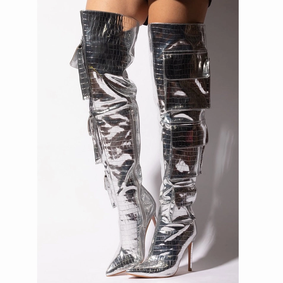 HUNTER Silver Faux Suede Knee High Boots Low Heel