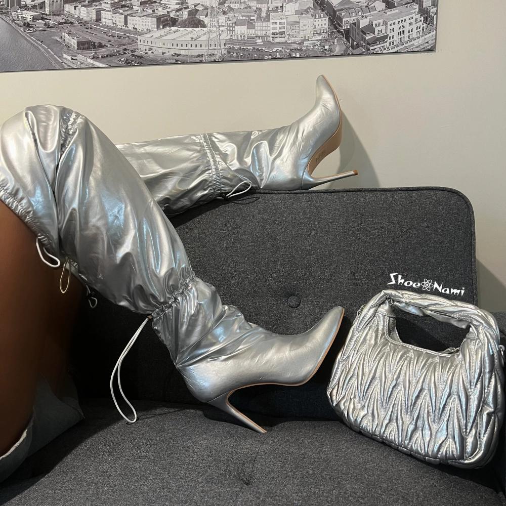 Knee High Boots For Small Heel JOGGING/2024 Silver Metallic Over the Knee Thigh High Drawstring Boot