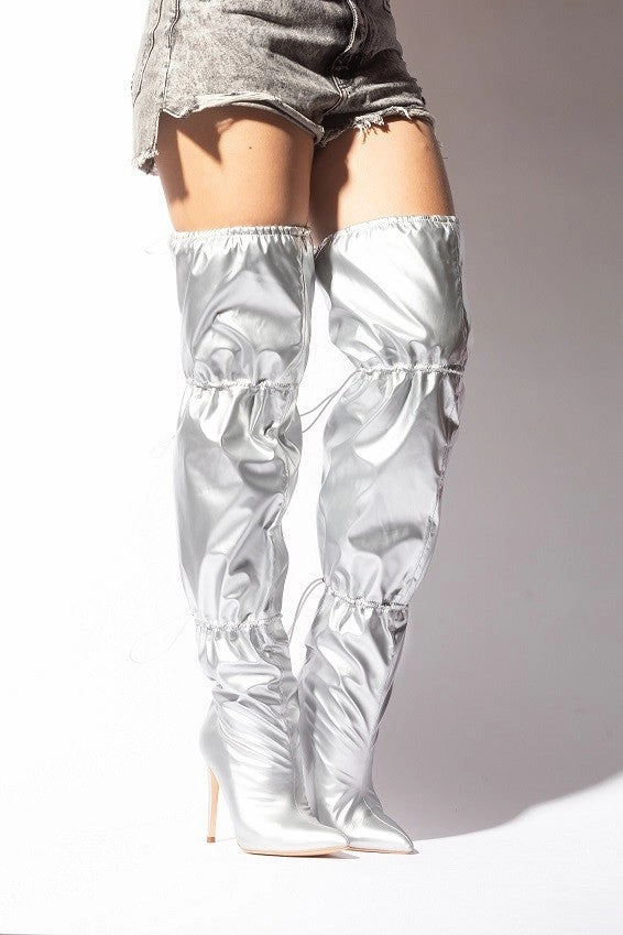JOGGING/2024 Silver Metallic Over the Knee Thigh High Drawstring Boot Knee High Lace Up Leather Boots