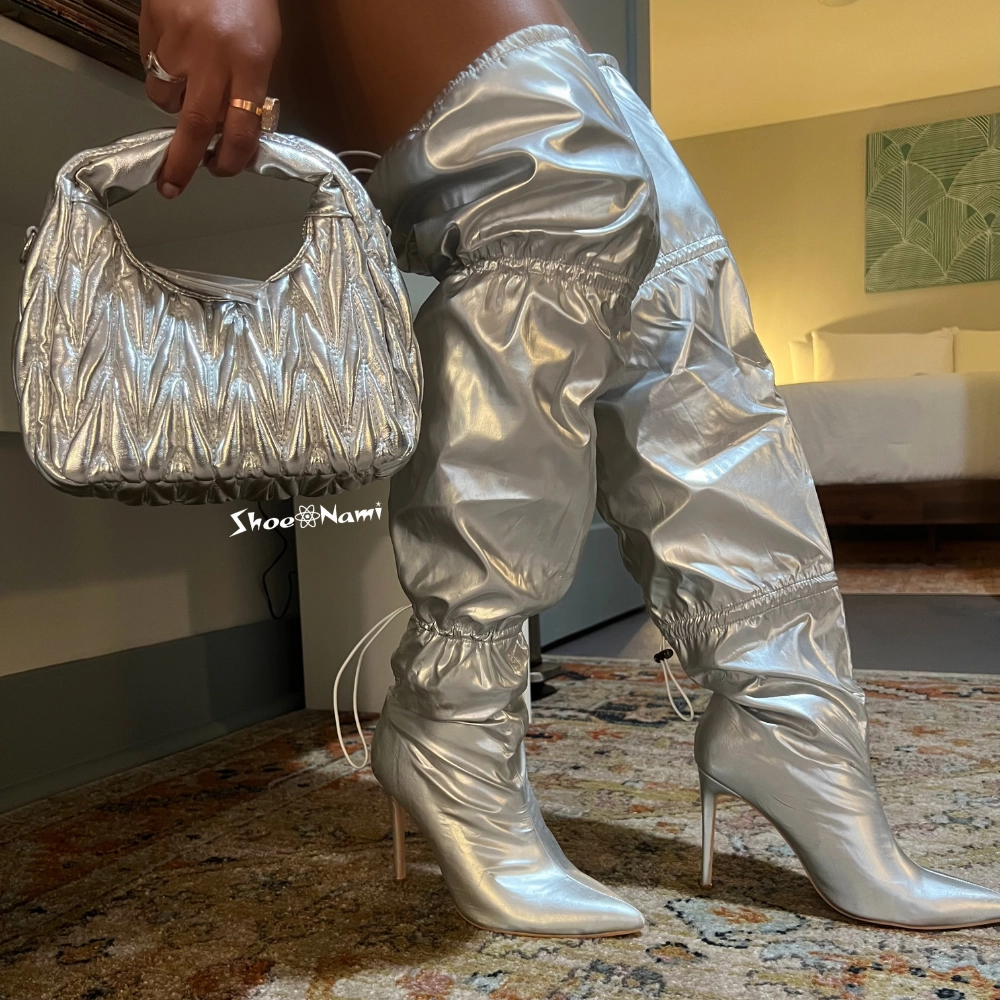 JOGGING/2024 Silver Metallic Over the Knee Thigh High Drawstring Boot Knee High Boots Fitted