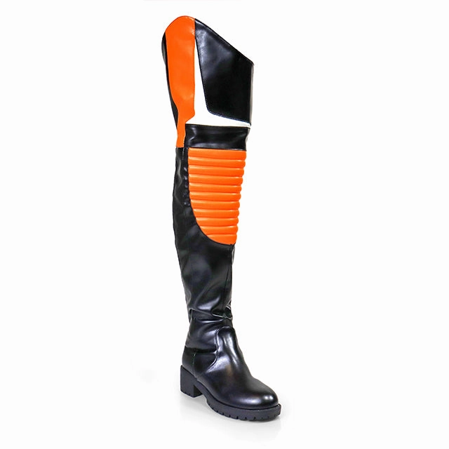 Over The Knee High Lace Up Boots NORRIS-1 Orange/Black Faux Leather Over Knee Moto Boot  - Motorcycle Styling Detail