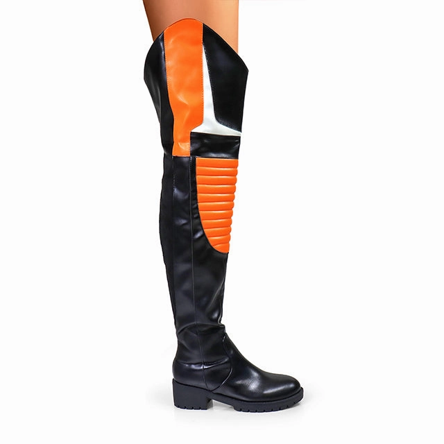 Gabriella Knee High Boot NORRIS-1 Orange/Black Faux Leather Over Knee Moto Boot  - Motorcycle Styling Detail