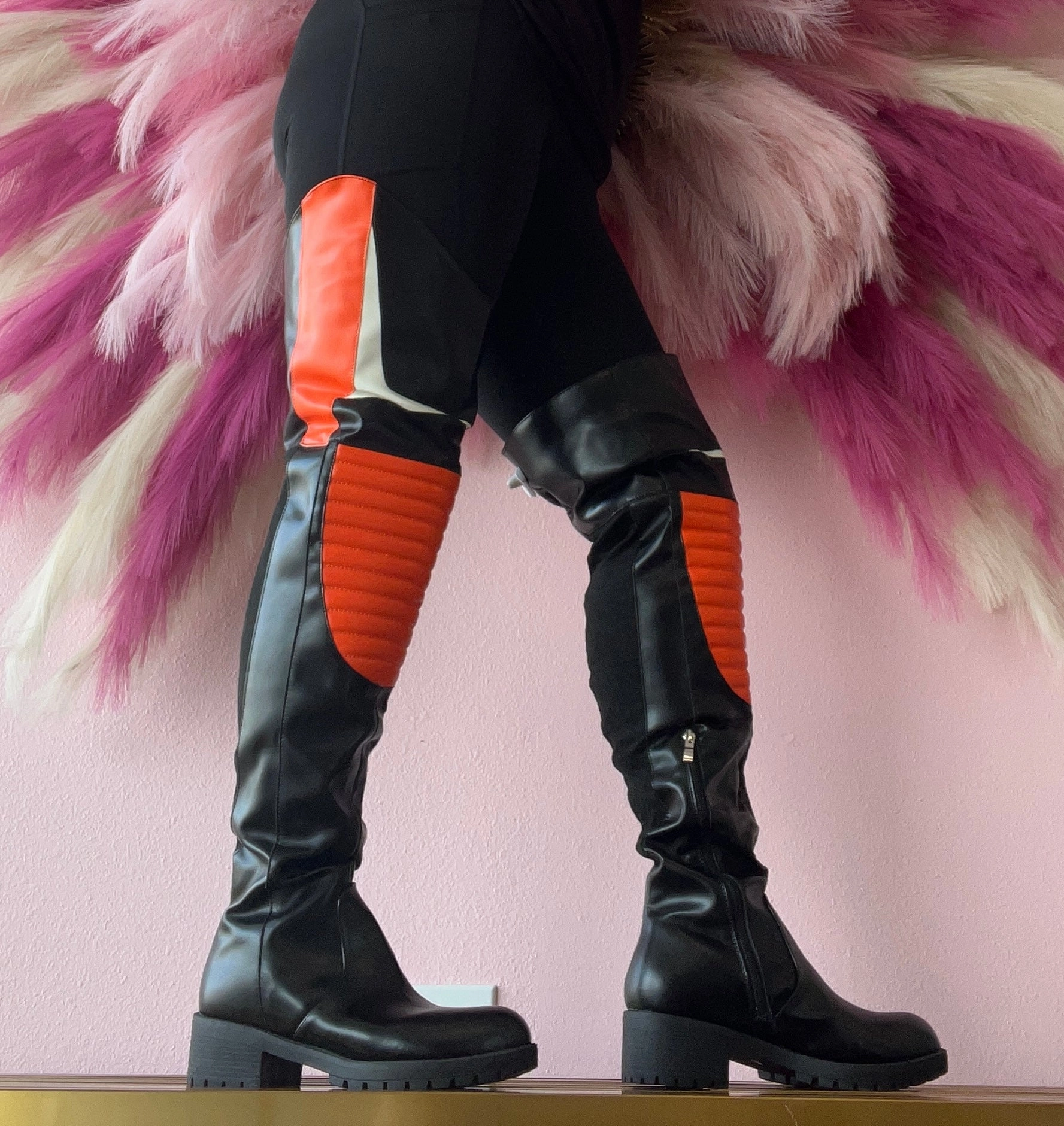 Faux Suede Knee High Boots Flat NORRIS-1 Orange/Black Faux Leather Over Knee Moto Boot  - Motorcycle Styling Detail