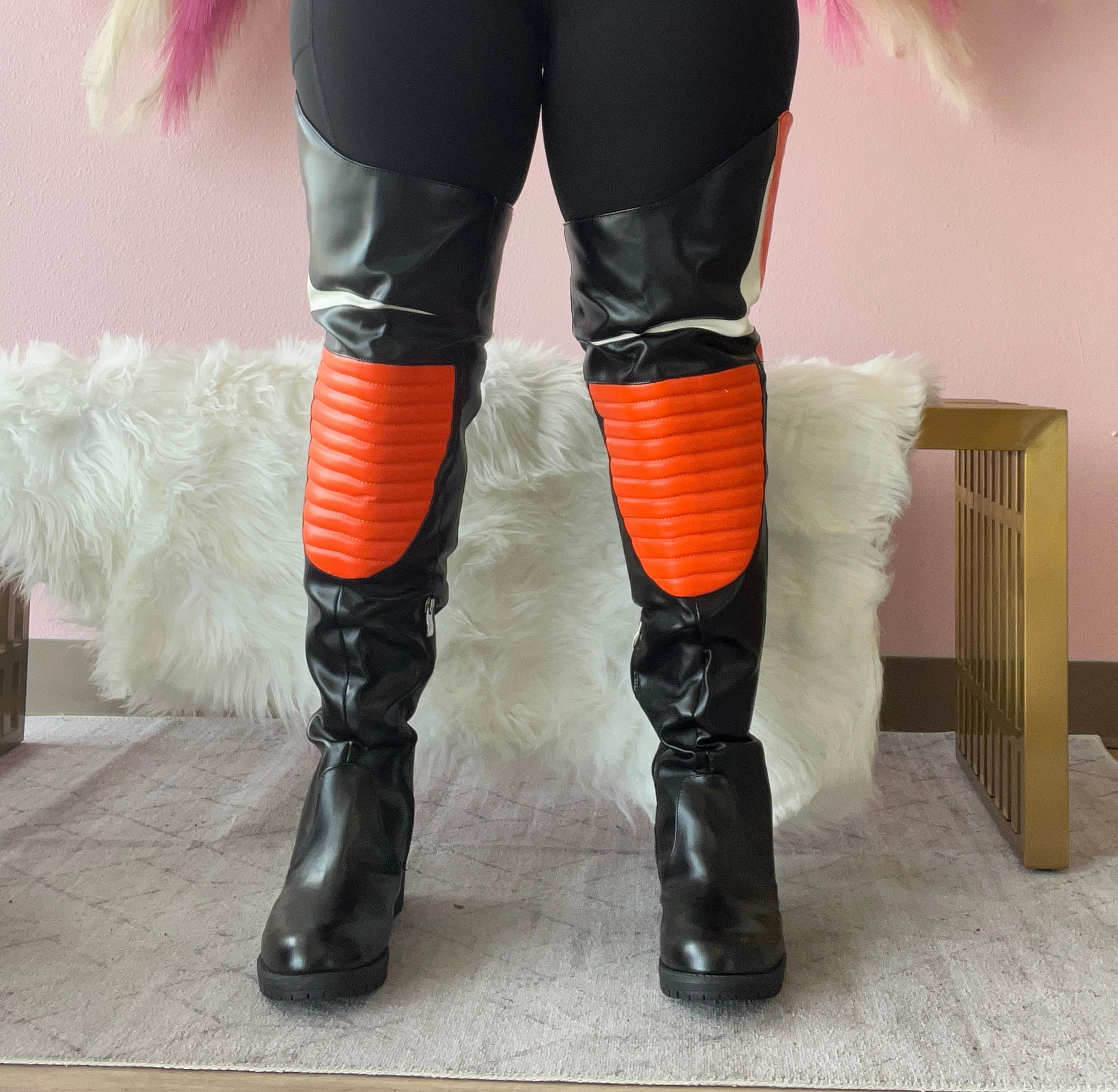 Knee High Plaid Boots NORRIS-1 Orange/Black Faux Leather Over Knee Moto Boot  - Motorcycle Styling Detail
