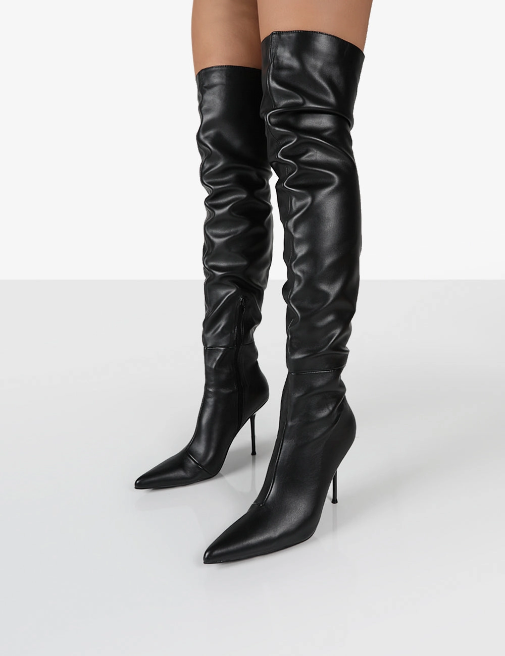 Tianna Black PU Pointed Toe Over The Knee Stiletto Boots Knee High Heeled Boots
