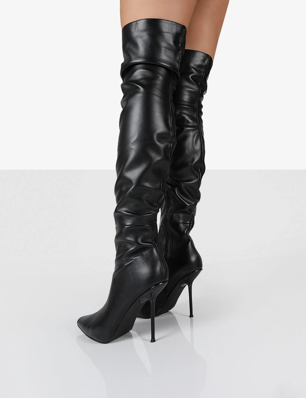 Tianna Black PU Pointed Toe Over The Knee Stiletto Boots Leather Knee High Flat Boots