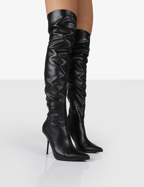 Tianna Black PU Pointed Toe Over The Knee Stiletto Boots Knee-high Rubber Boots