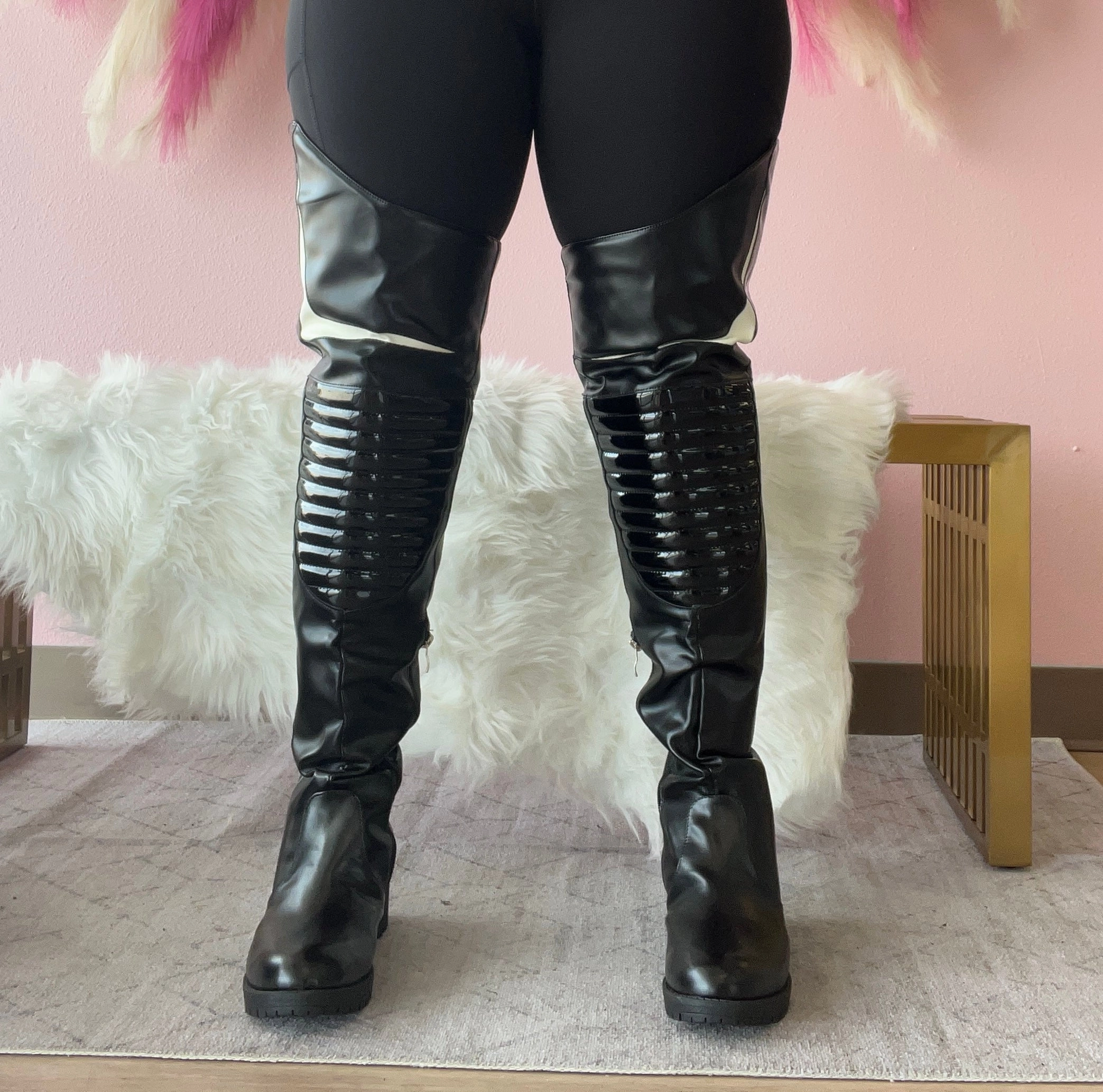 Suede Slim Fit Knee High Boots NORRIS-1 Black Faux Leather Over Knee Moto Boot  - Motorcycle Styling Detail