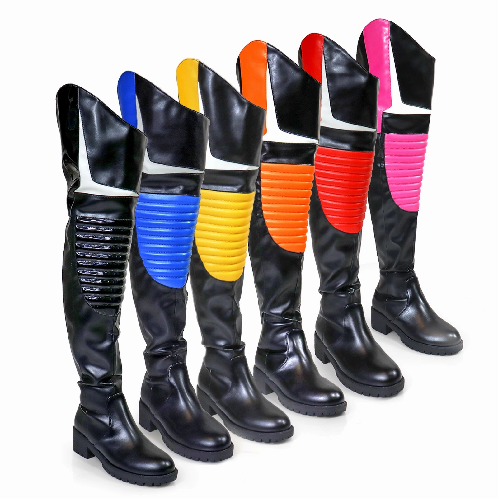 Knee High Boots For Slim Legs NORRIS-1 Black Faux Leather Over Knee Moto Boot  - Motorcycle Styling Detail