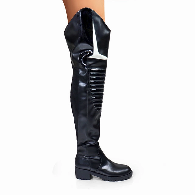 Knee High Boots Sale Uk NORRIS-1 Black Faux Leather Over Knee Moto Boot  - Motorcycle Styling Detail
