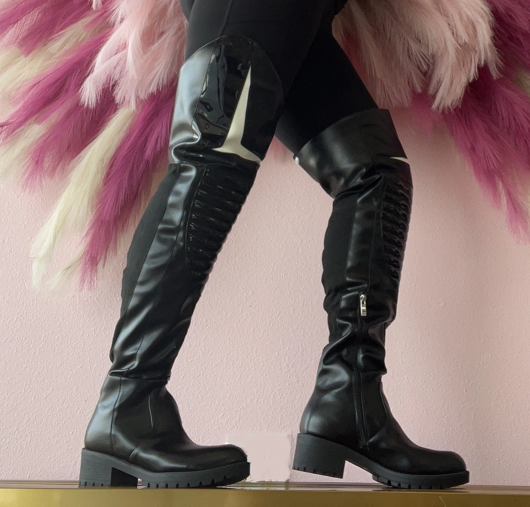 Tight Knee High Leather Boots NORRIS-1 Black Faux Leather Over Knee Moto Boot  - Motorcycle Styling Detail