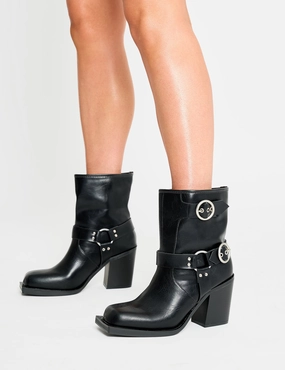 Zippered Boots Freak Black Wide Fit Buckle Detail Square Toe Ankle Boots