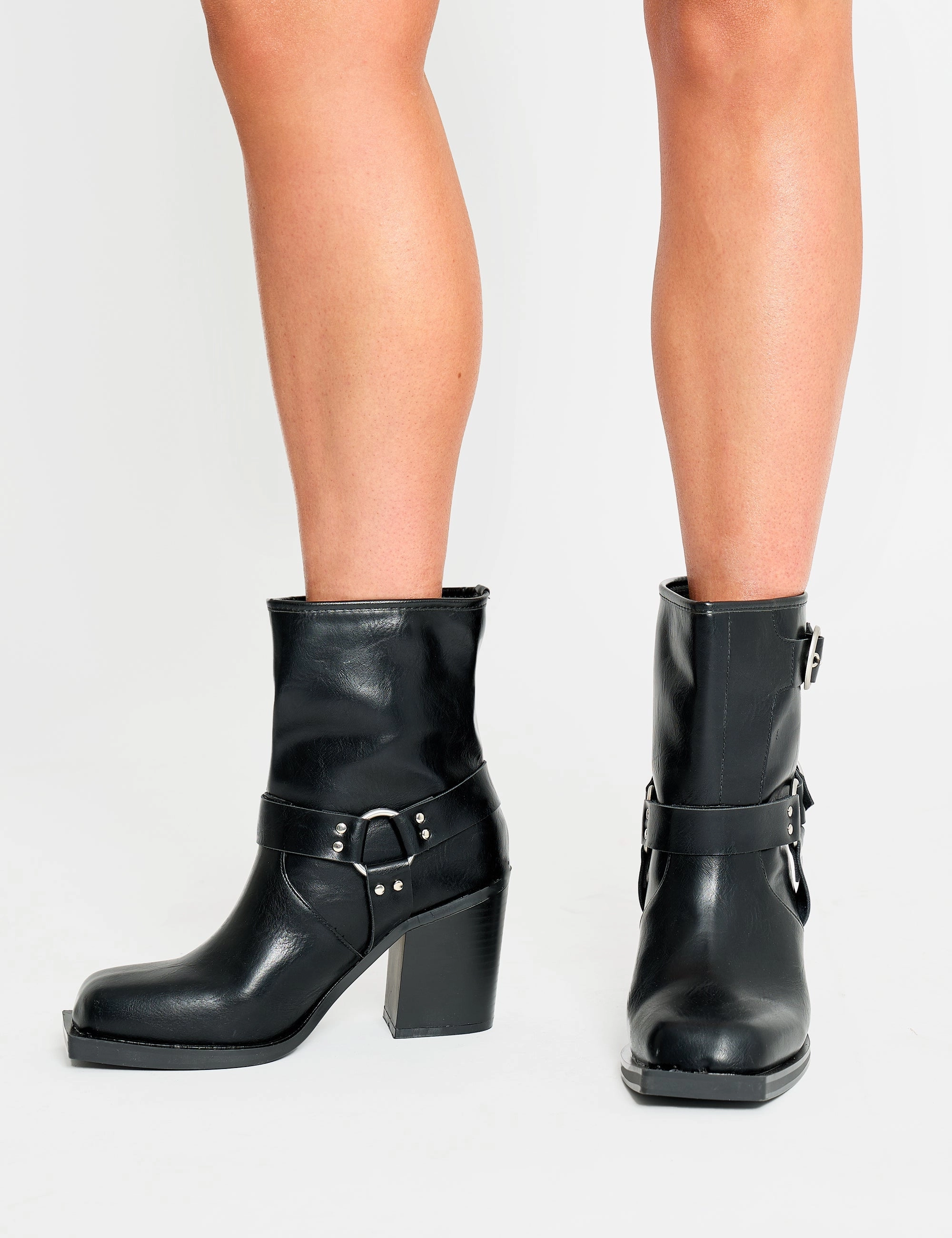 Green Knee High Boots Freak Black Wide Fit Buckle Detail Square Toe Ankle Boots