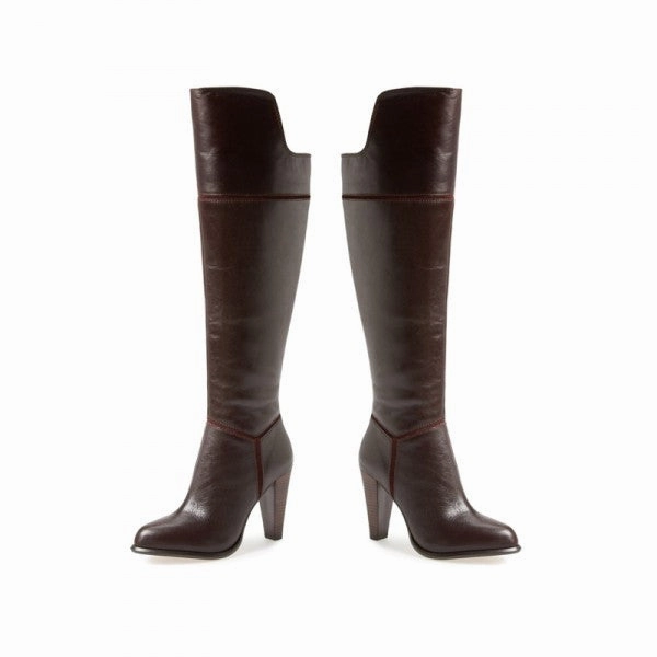 FRENCH CONNECTION  Women's Cai Bitter Chestnut Round Toe Leather Knee High Boot Knee High Leather Boots Kitten Heel