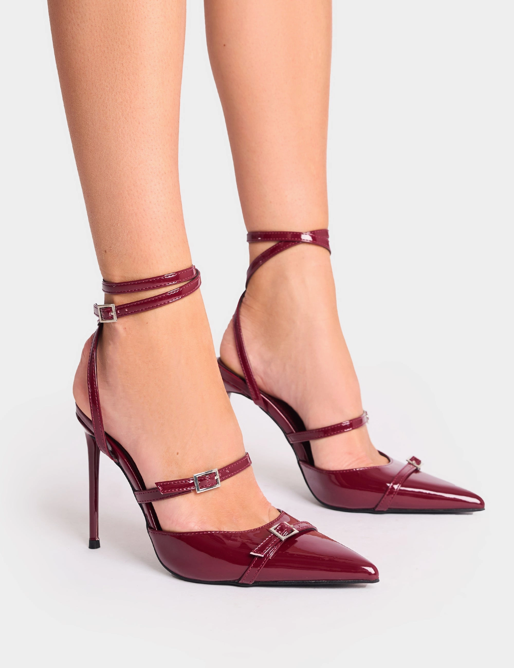 Viper Burgundy Three Strap Buckle Detail Court Heels Comfortable High Heeled Sandals