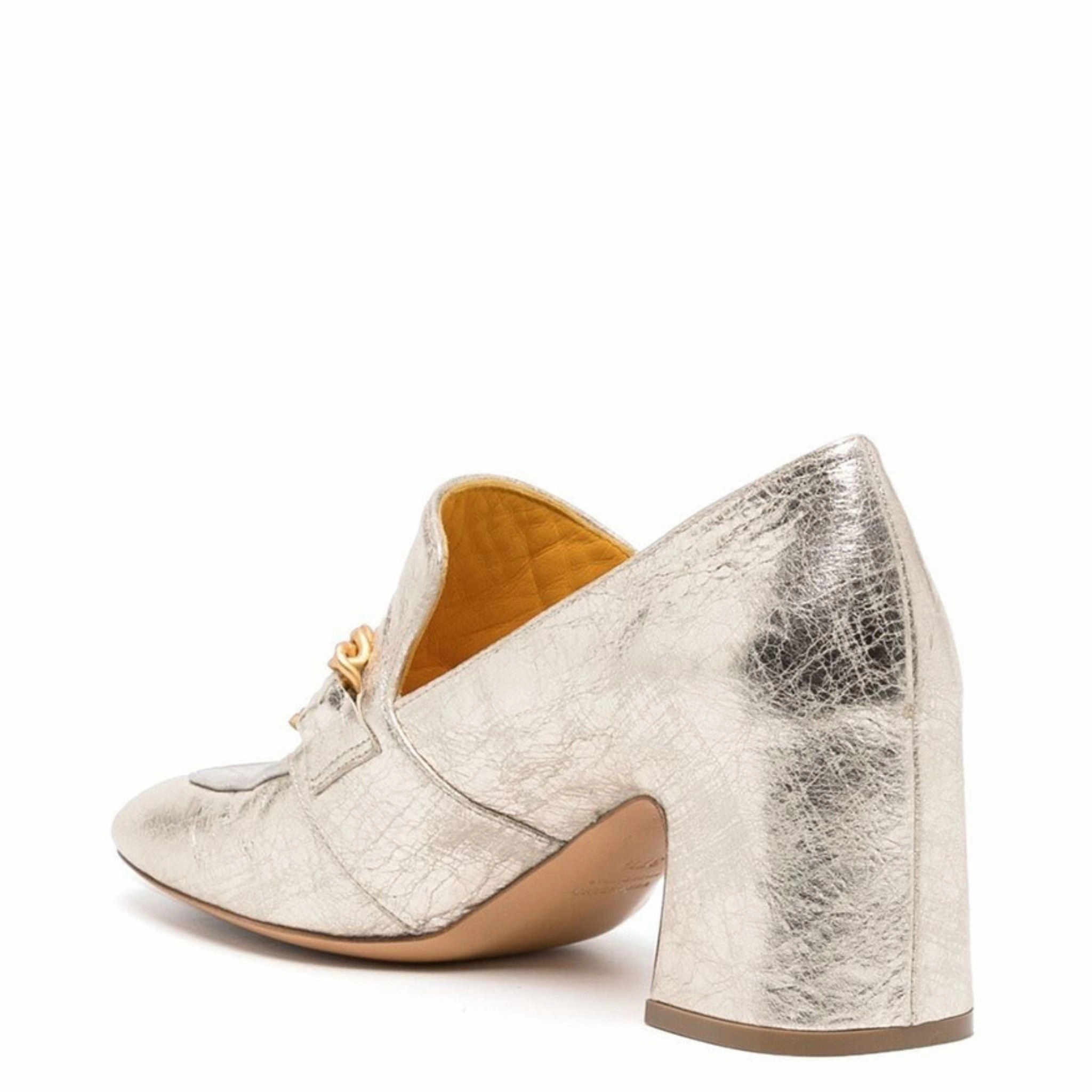 Gold/Silver Leather Mid Heel Loafer W/Chain Discount Loafers