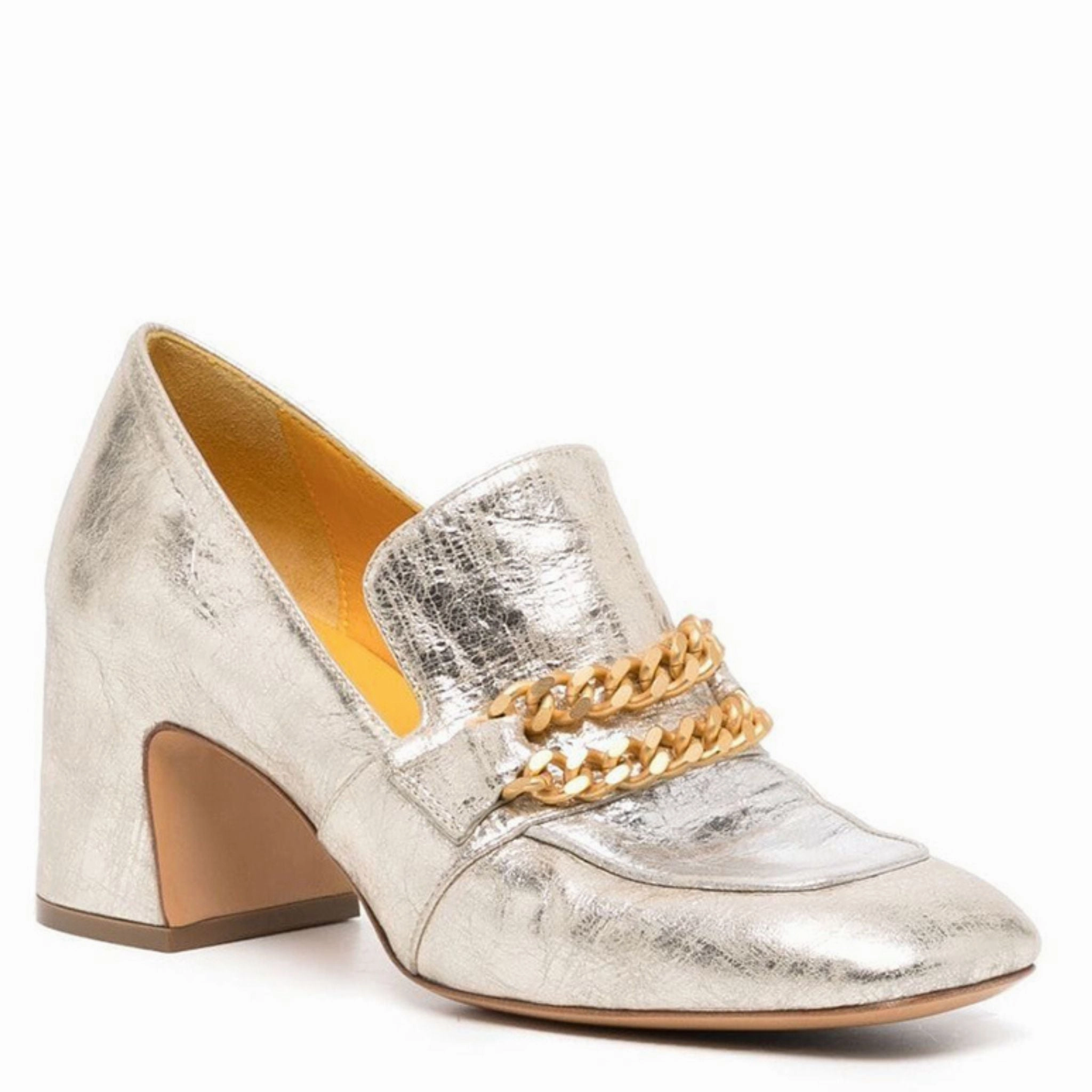 Loose Loafers Gold/Silver Leather Mid Heel Loafer W/Chain
