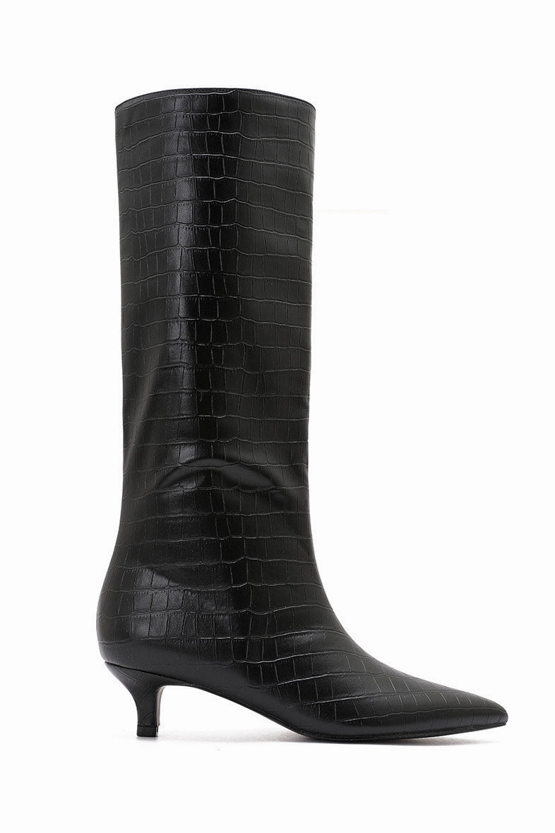 Biker Knee High Boots Hailey Black Croc Knee High Boots