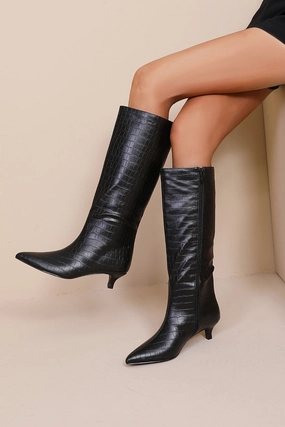 Suede Block Heel Knee High Boots Hailey Black Croc Knee High Boots