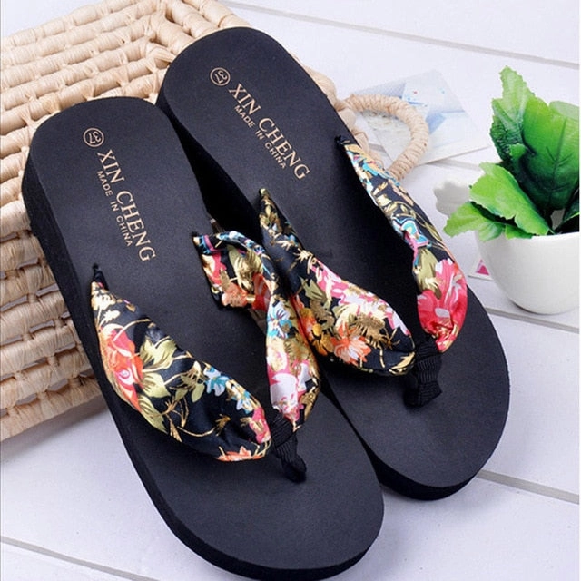 Bohemia Floral Beach Sandals Wedge Platform Thongs Slippers Combat Flip Flop