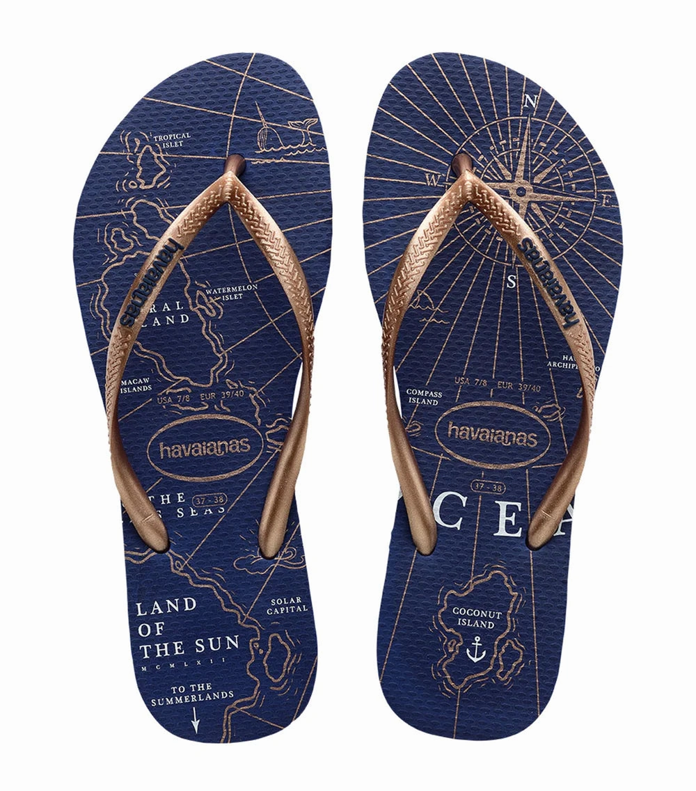 3 Inch Wedge Flip Flops HAVAIANAS SLIM NAUTICAL - NAVY BLUE.ROSE GOLD.WHITE