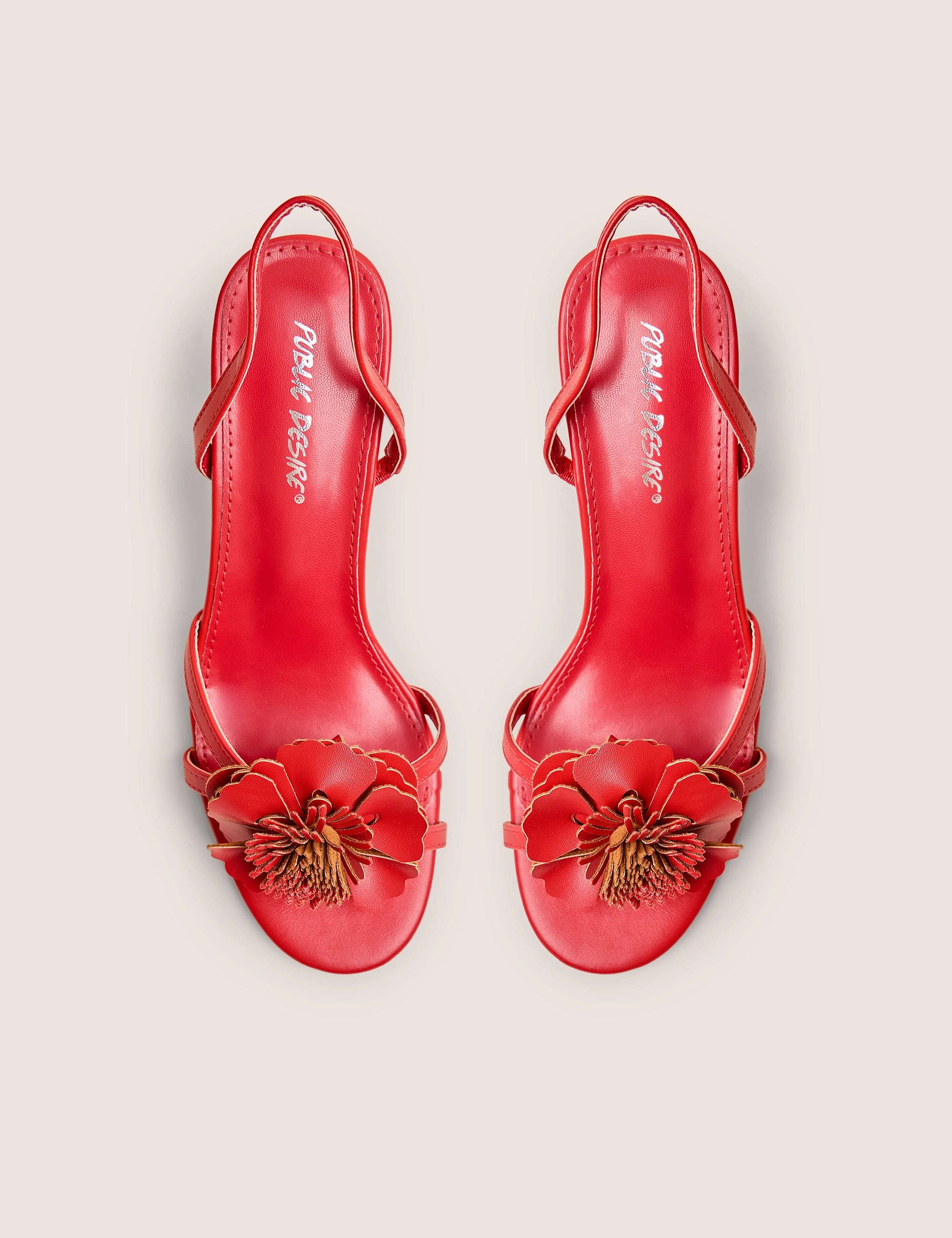 Red Hot Red Pu 3d Flower Sling Back Mid Heels High Heel Drop Shoes