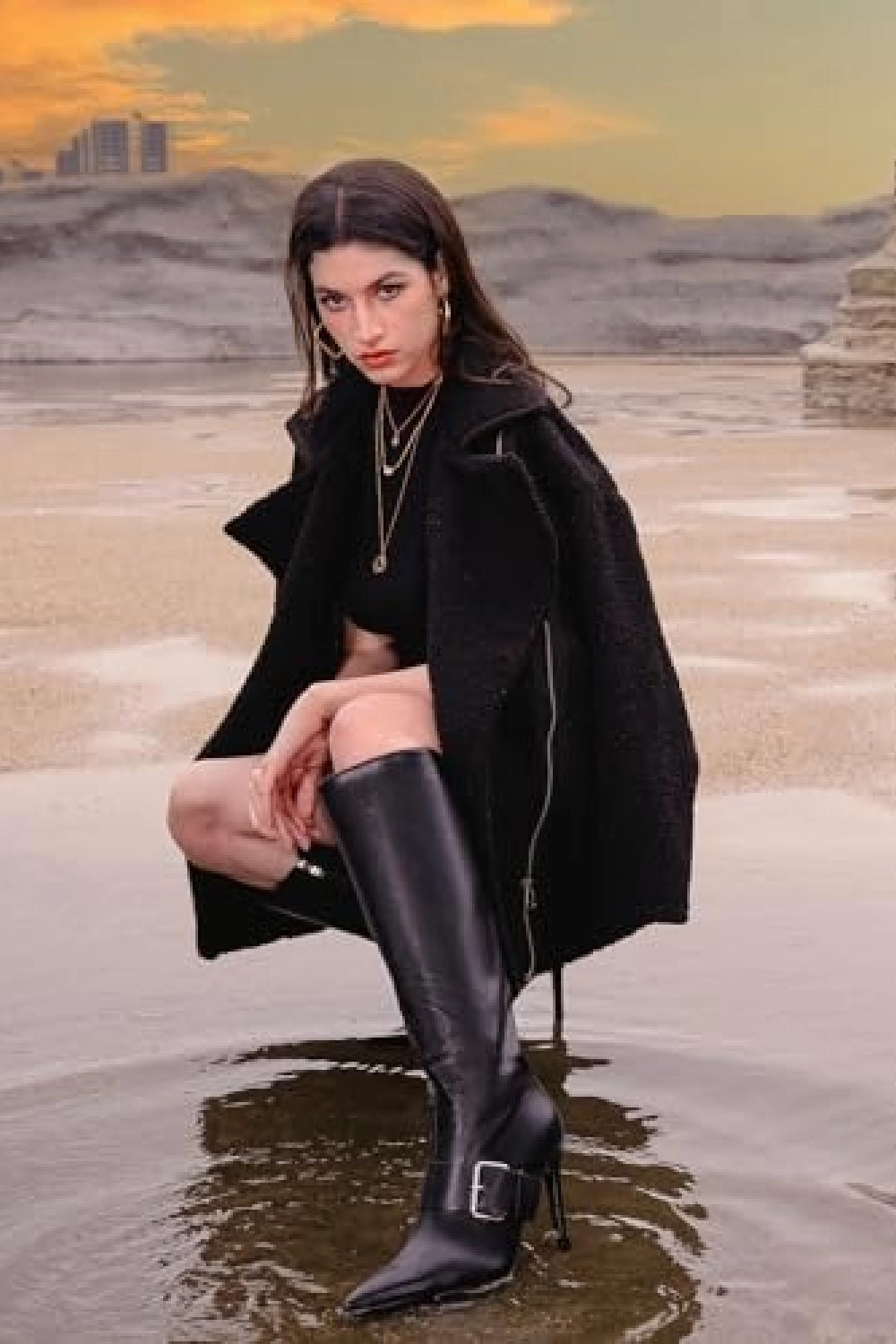 Knee-high Leather Boots Buckle Detail Stiletto Heel Pointed Toe Knee High Boots (PACK A)