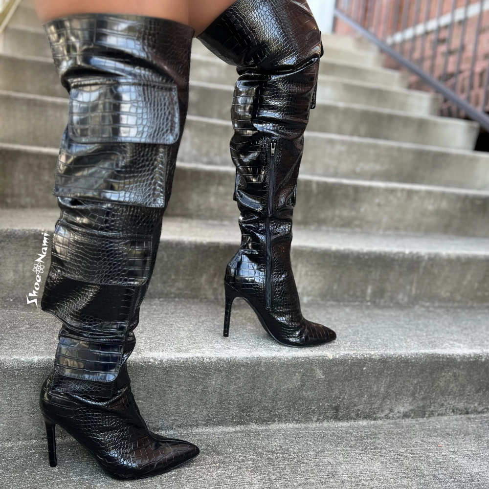 Knee High Boots With Chunky Heel HUNTER Black Croc