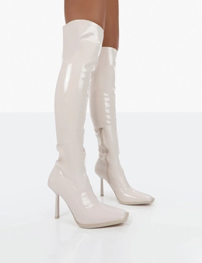 Vegan Boots Jenine Ecru Patent Over The Knee Stiletto Heeled Boots
