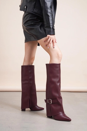 WINE PU FOLDED OVER BLOCK HEEL BUCKLE DETAIL KNEE HIGH BOOTS Boots For Snowboard
