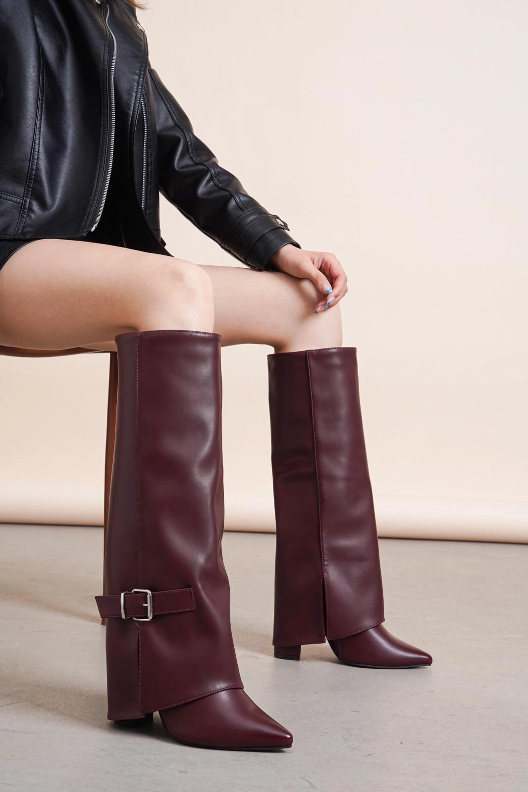 WINE PU FOLDED OVER BLOCK HEEL BUCKLE DETAIL KNEE HIGH BOOTS Poos In Boots Movies