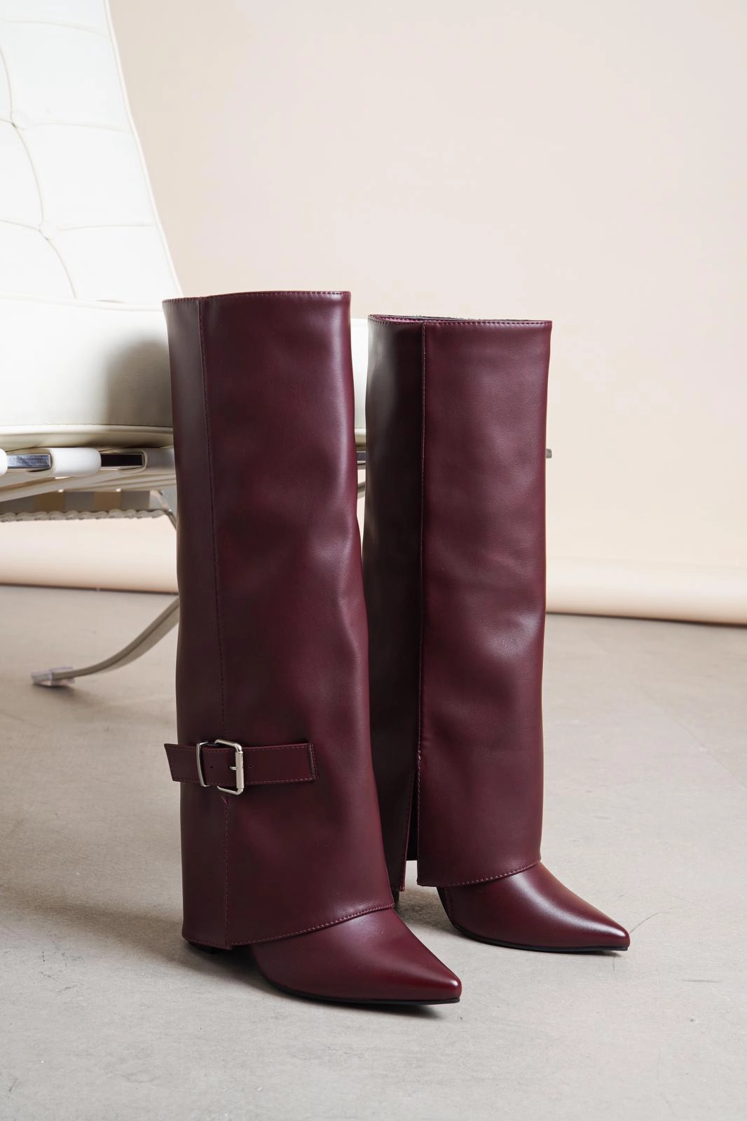 WINE PU FOLDED OVER BLOCK HEEL BUCKLE DETAIL KNEE HIGH BOOTS Best Snake Boots