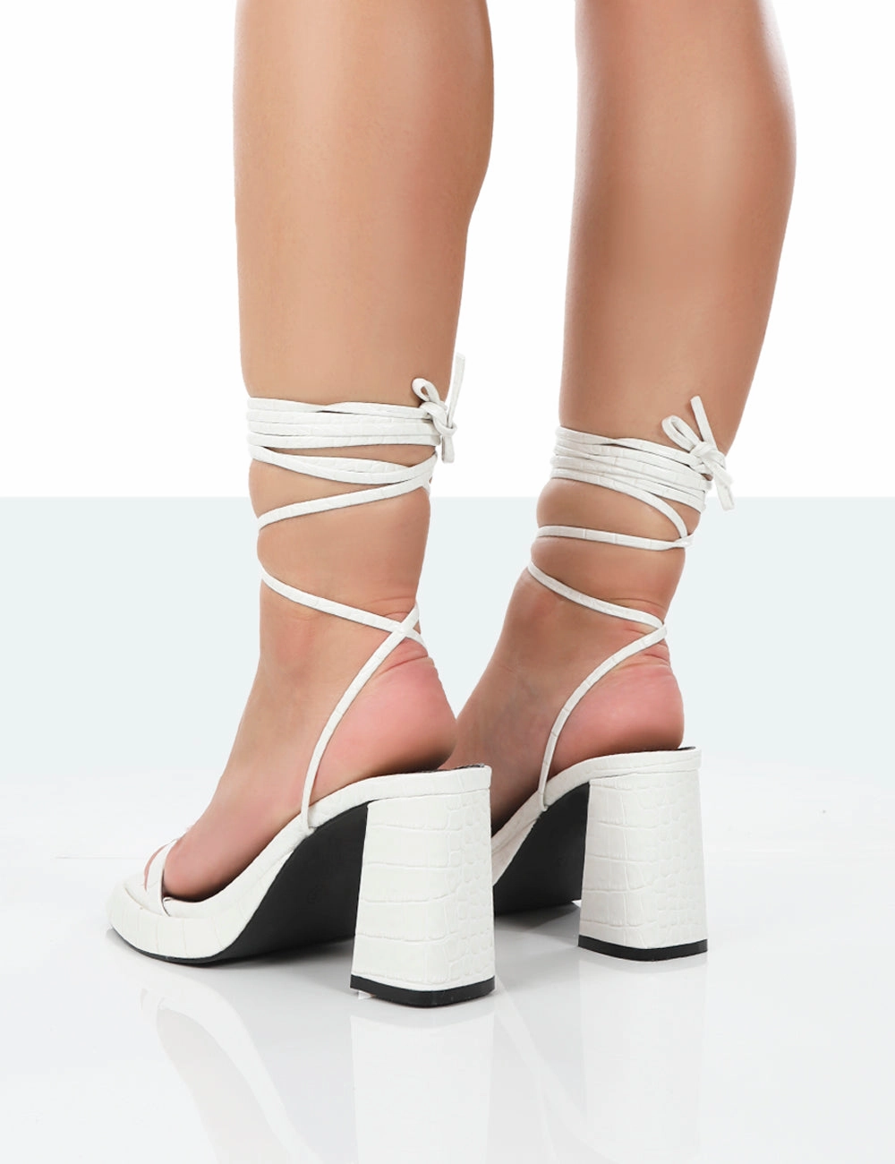 Jaipur White Croc Strappy Squared Toe Mid Heels High Heel Shoes Flowers