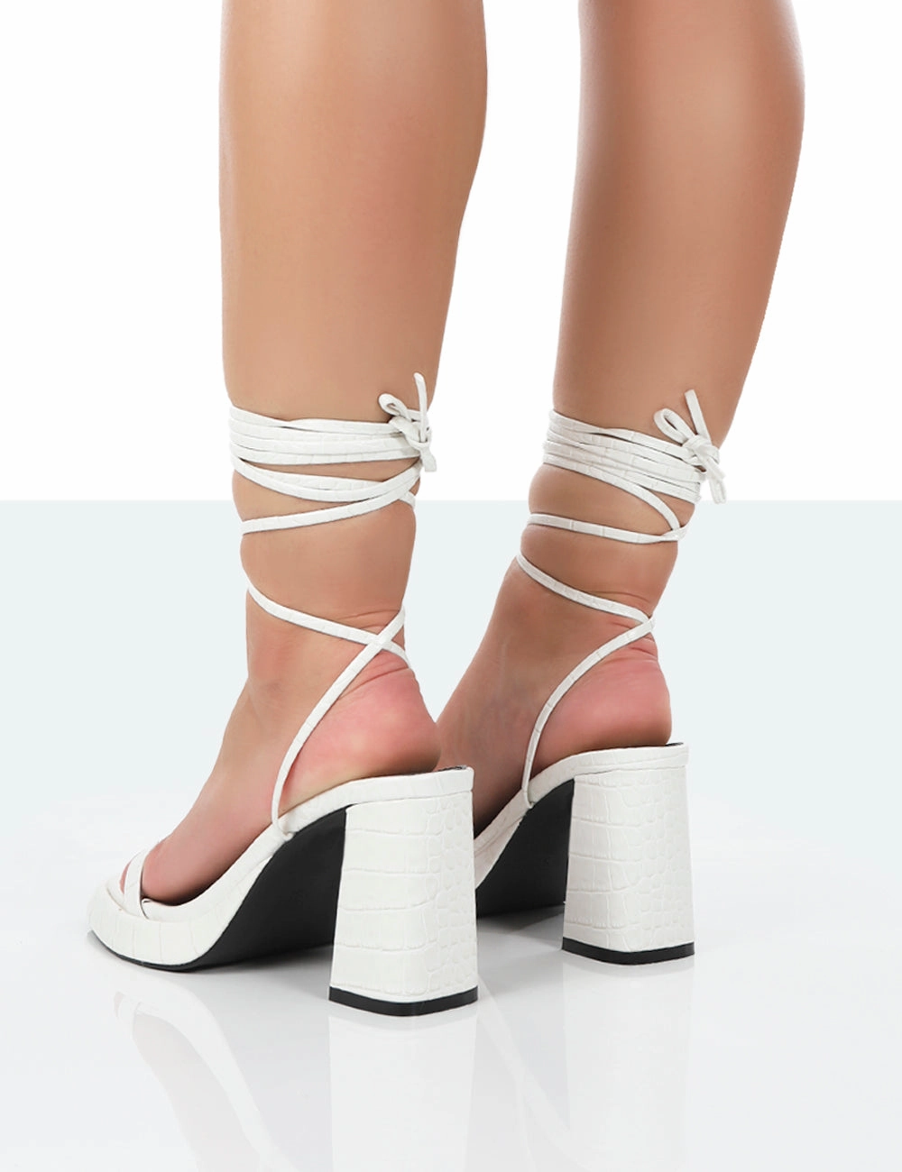 Jaipur White Croc Strappy Squared Toe Mid Heels High Heels Tie