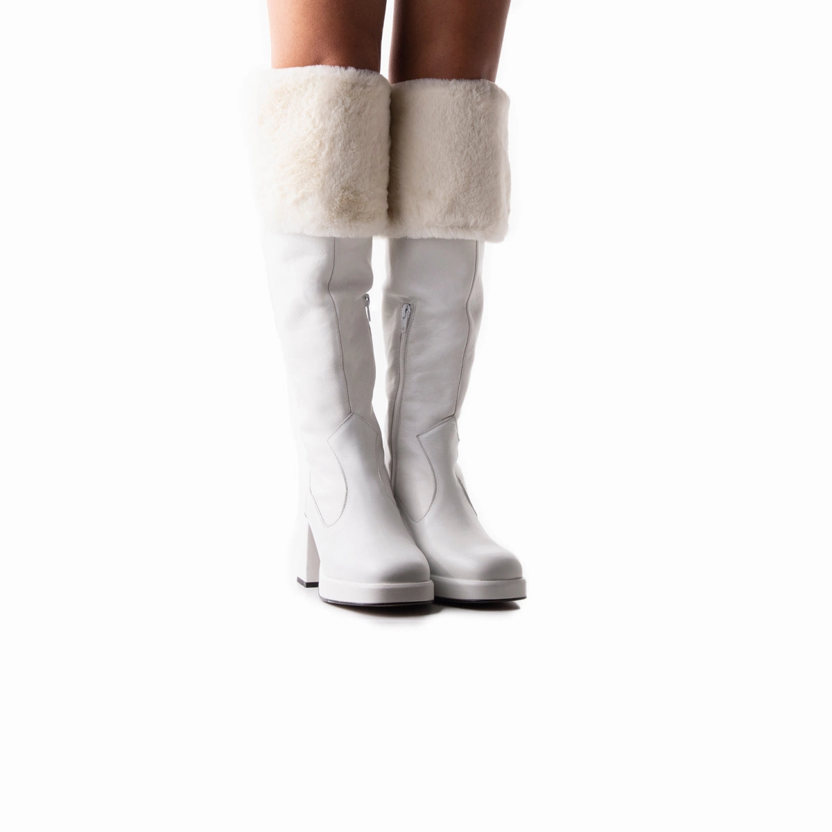 Jesse White Leather Low Heel Knee High Boots Leather
