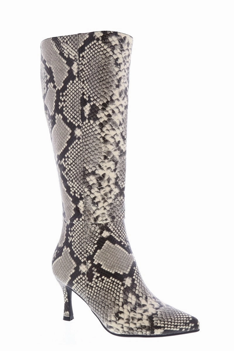 Moto Boots Knee High KAYLEE-1 Beige Faux Snake Knee-High Boot