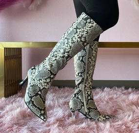 KAYLEE-1 Beige Faux Snake Knee-High Boot Knee High Boots Pvc