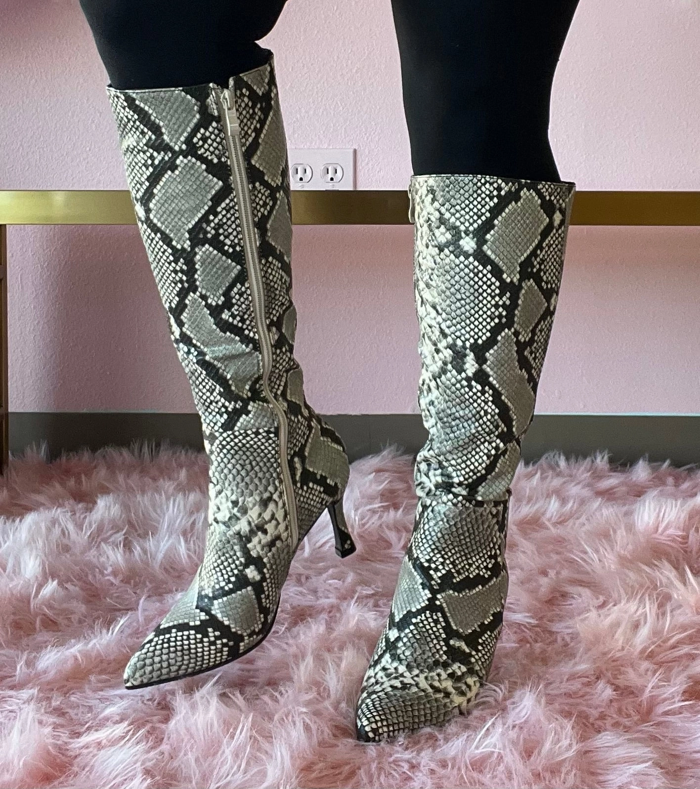 KAYLEE-1 Beige Faux Snake Knee-High Boot Flat Bottom Knee High Boots