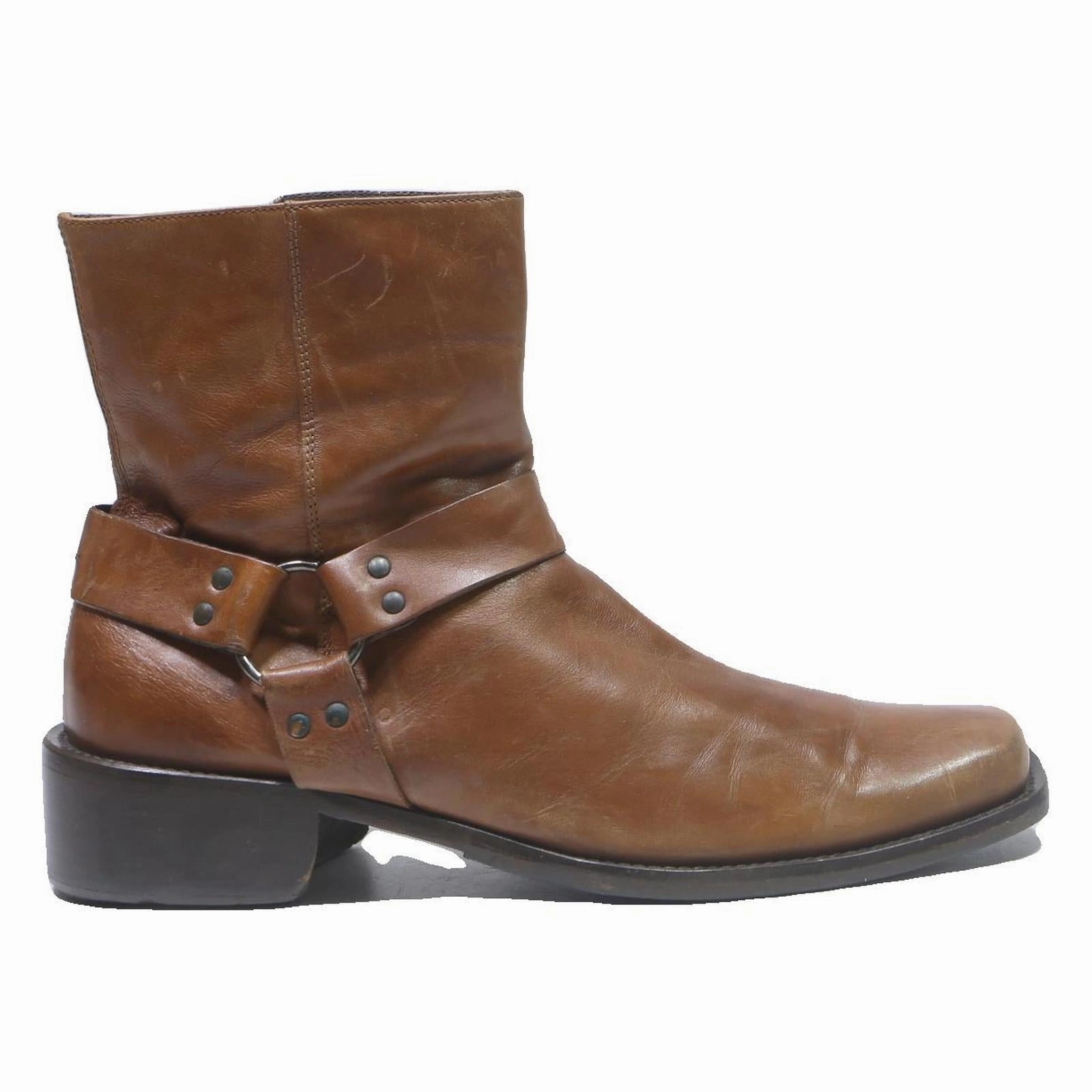 Mens Brown Leather Harness Ankle Boots Size UK 11 Stylish Comfort Durable Cowboy Boots For Working