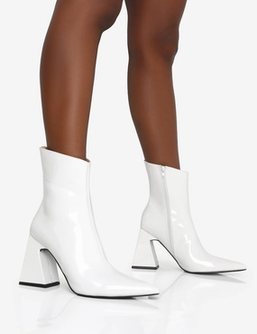 Kenzie White Patent Pointed Toe Block Heel Ankle Boots Fringe On Boots
