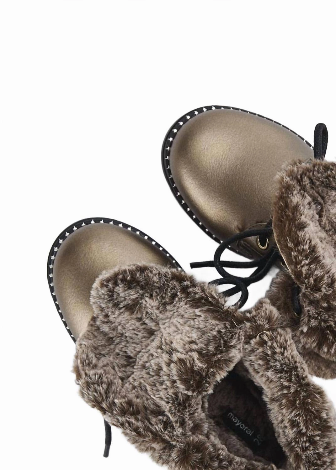 Kid's Faux Fur Lined Biker Boots In Bronze Good Welding Boots