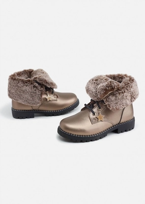 Retro Boots Kid's Faux Fur Lined Biker Boots In Bronze